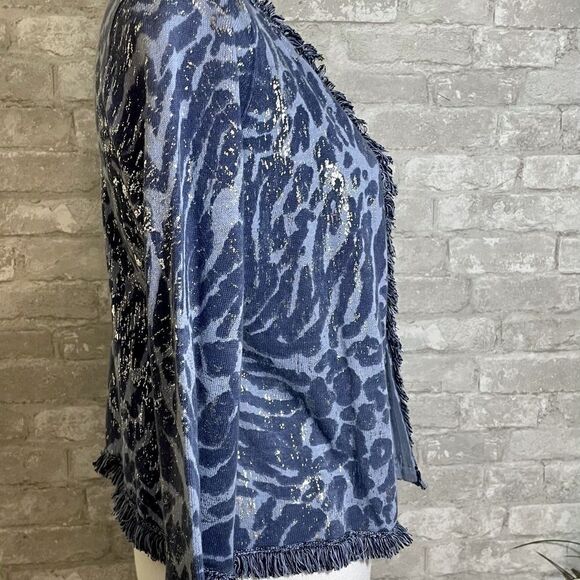 Chicos Foiled Animal Frankie Fringe Cardigan Blue - Picture 2 of 9